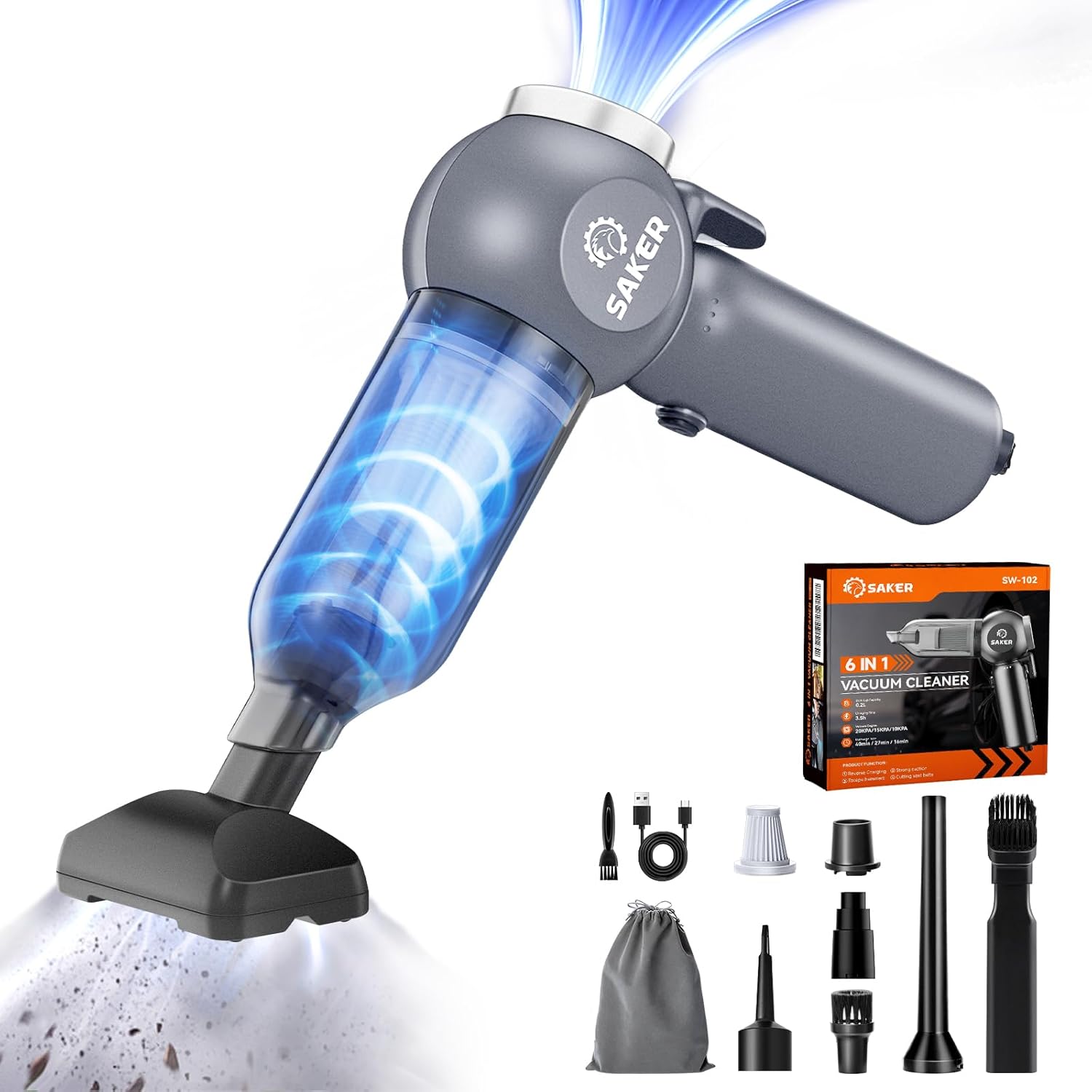 Saker 6 in 1 Car Vacuum Cleaner, 20000PA Handheld Vacuum Cordless Rechargeable 7800mAH with Type-C