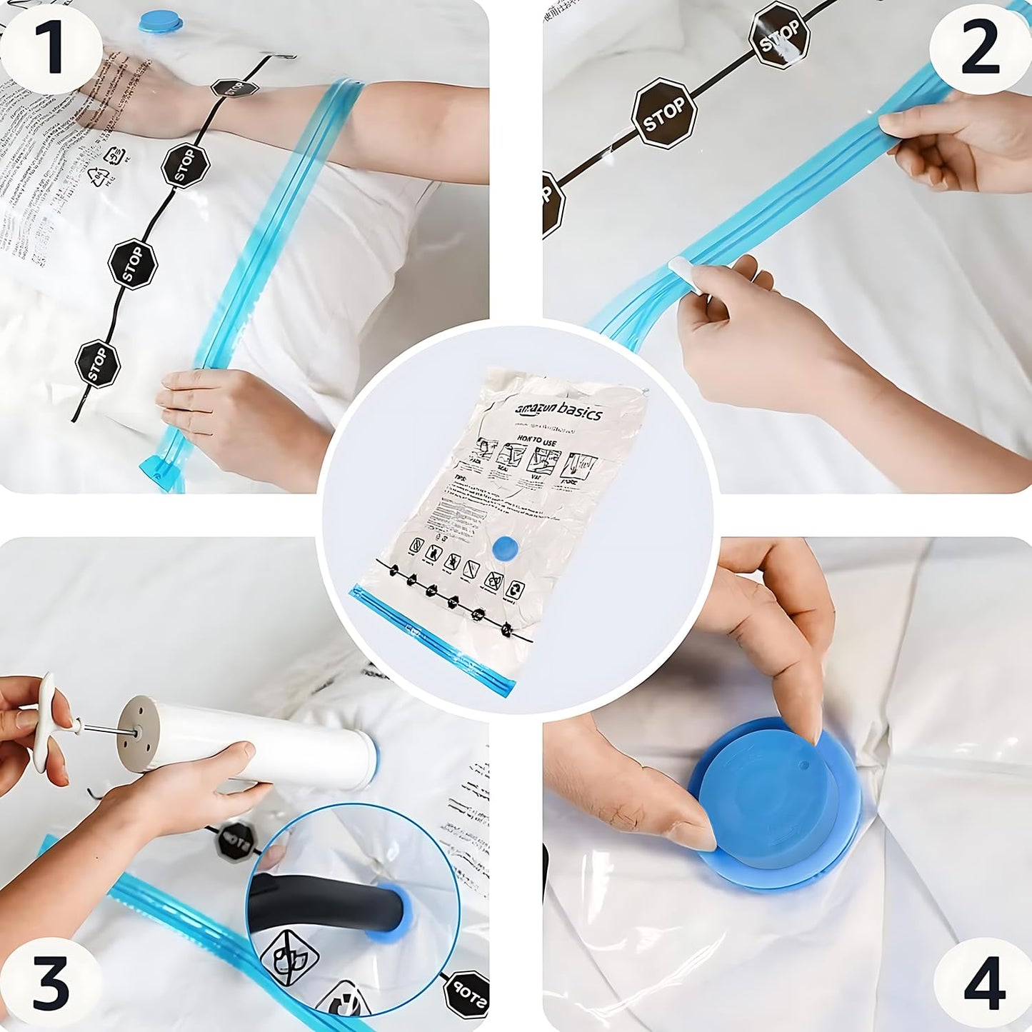 Amazon Basics Vacuum Storage Bags with Hand Pump for Travel, Space Saving Compression Bags for