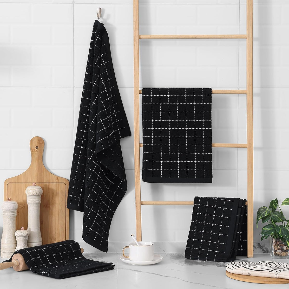 Homaxy 100% Cotton Terry Kitchen Towels(Black, 20 x 28 inches), Checkered Designed, Soft and Super