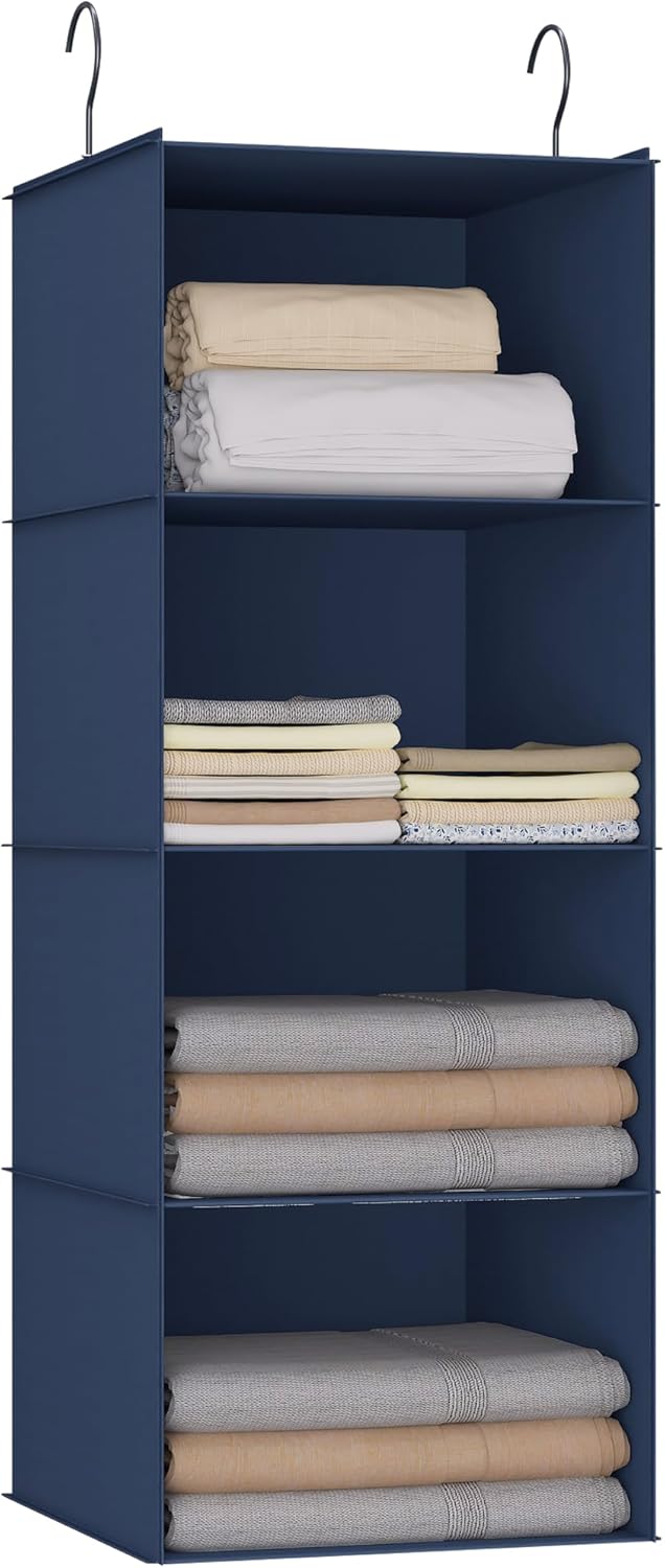 Hanging Closet Organizer - 4-Shelf, Easy Mount Foldable Wardrobe Storage Shelves for Clothes