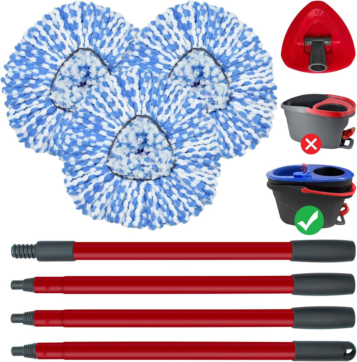 Spin Mop Replace Head, Mop Handle and Base Compatible with Ocedar RinseClean 2-Tank System, 3 Mop