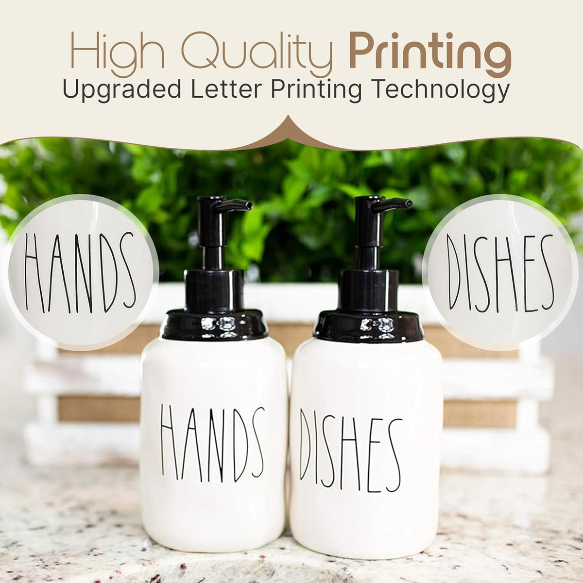 Modern Farmhouse Ceramic Dishes and Hands Soap Dispenser Set for Kitchen | Stainless Steel Pumps |
