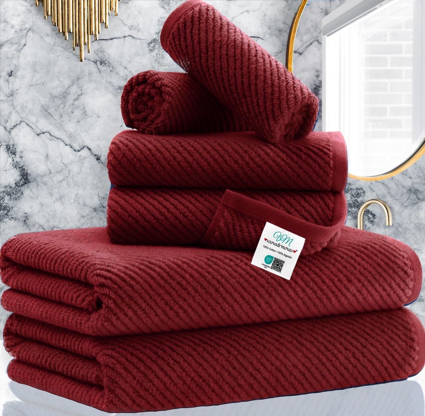 VOOVA & MOVAS Burgundy Towel Set - 100% Cotton | Lightweight | Soft | Quick Dry, 6 Piece Towel