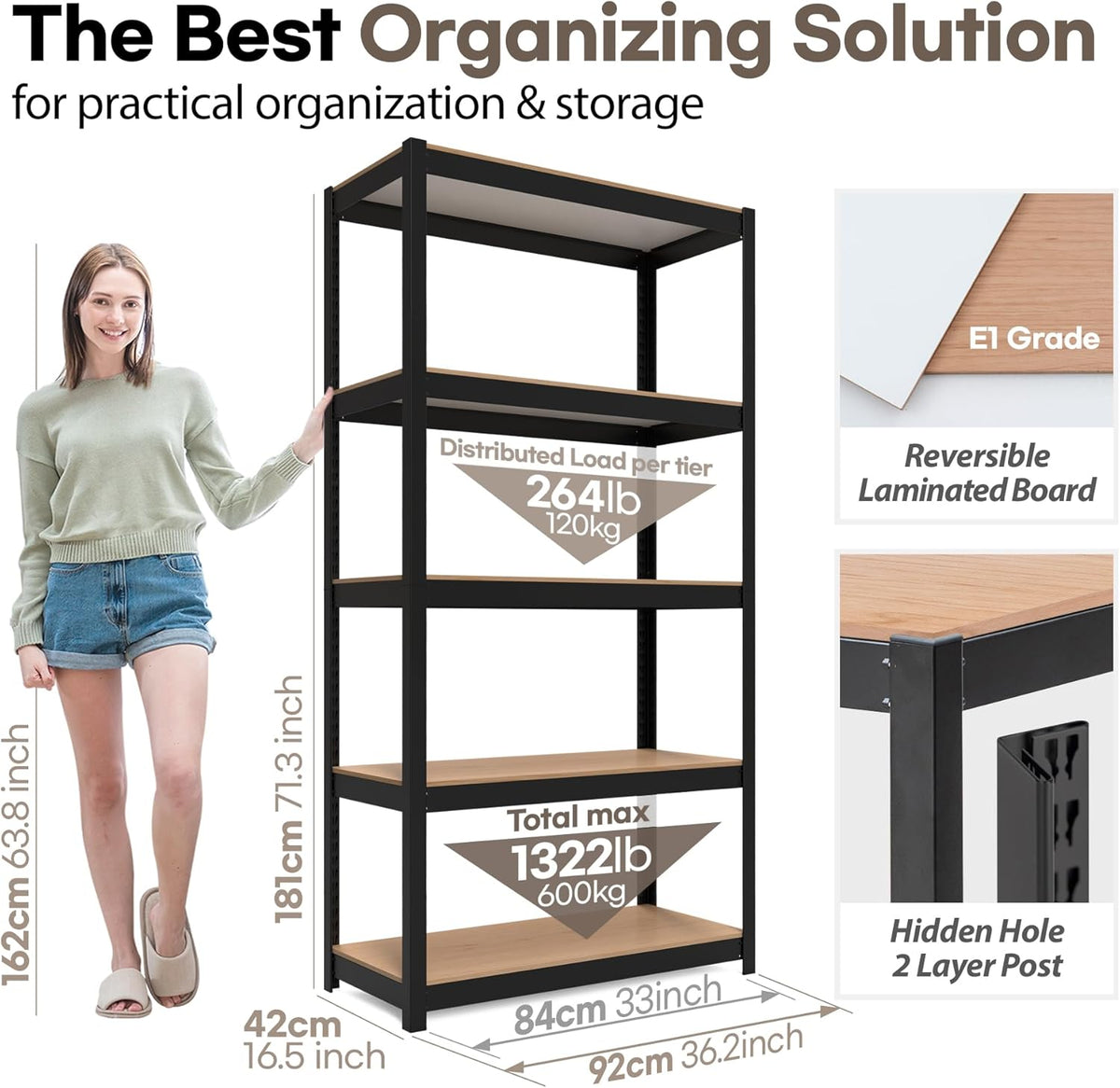 HOMEDANT House Black 5-Tier Laminated Metal Shelving Unit Adjustable Storage Utility Rack Heavy