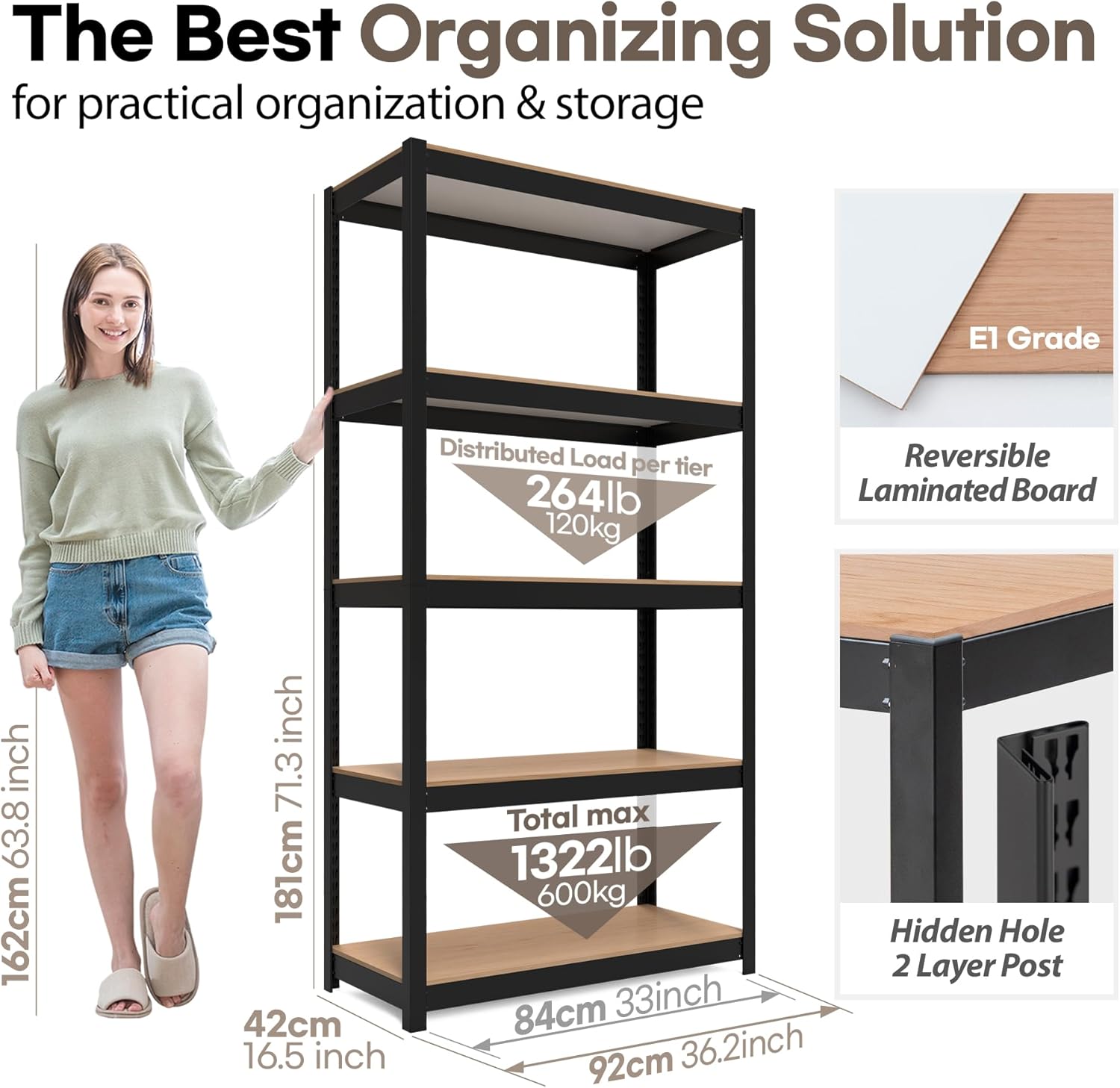 HOMEDANT House Black 5-Tier Laminated Metal Shelving Unit Adjustable Storage Utility Rack Heavy