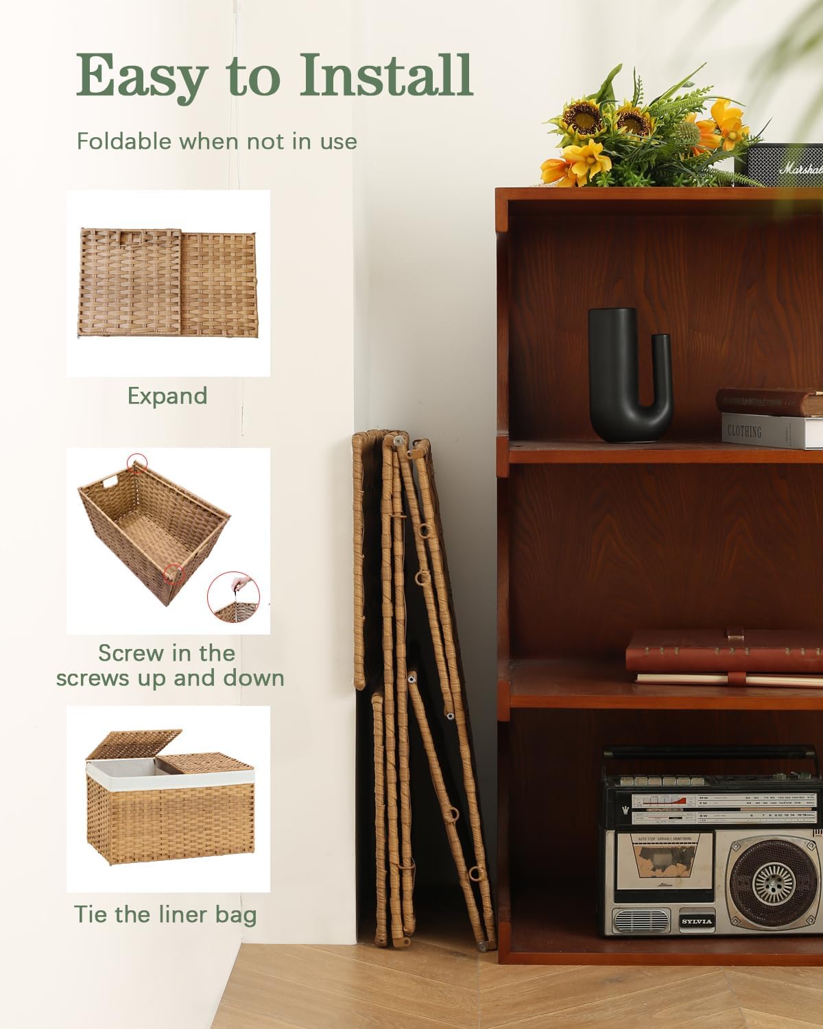 Storage Basket with Lid Rattan Storage Basket with 2 Separate Lid, 27.8 Gallon (105 L) 25.2 * 15.4