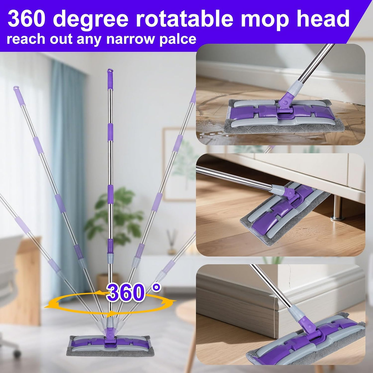 ITTAHO Microfiber Flat Mop Floor Cleaning System,Wet & Dry Dust Mopping with Stainless Steel