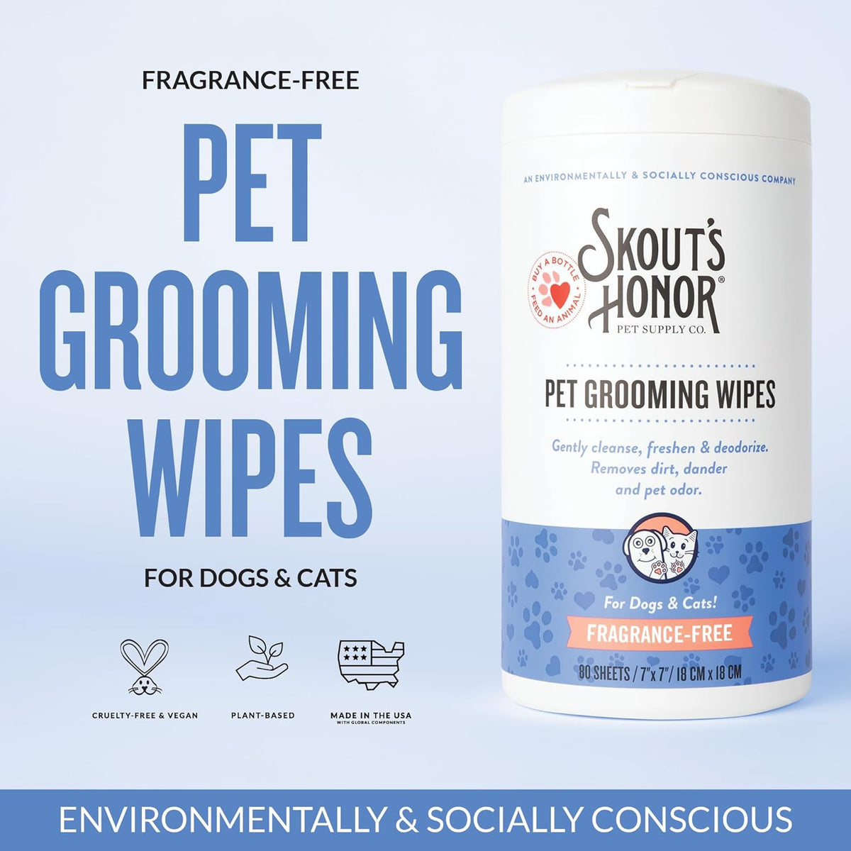 SKOUT'S HONOR Pet Grooming Wipes for Dogs and Cats - Deodorizing, Plant-Based, Biodegradable
