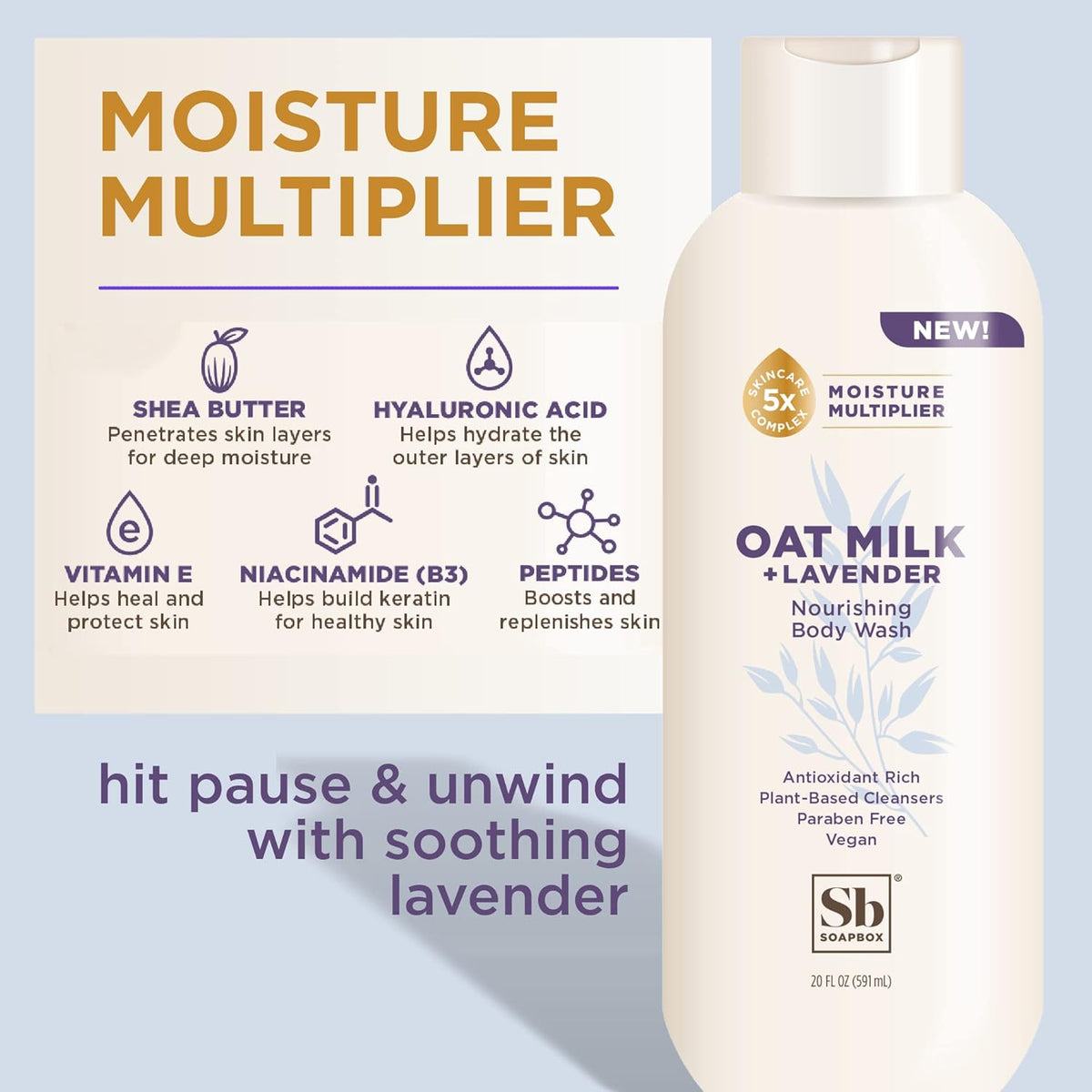 Soapbox Body Wash, Oat Milk + Lavender Body Wash, Vegan & Moisturizing, Calming with Shea Butter, 3