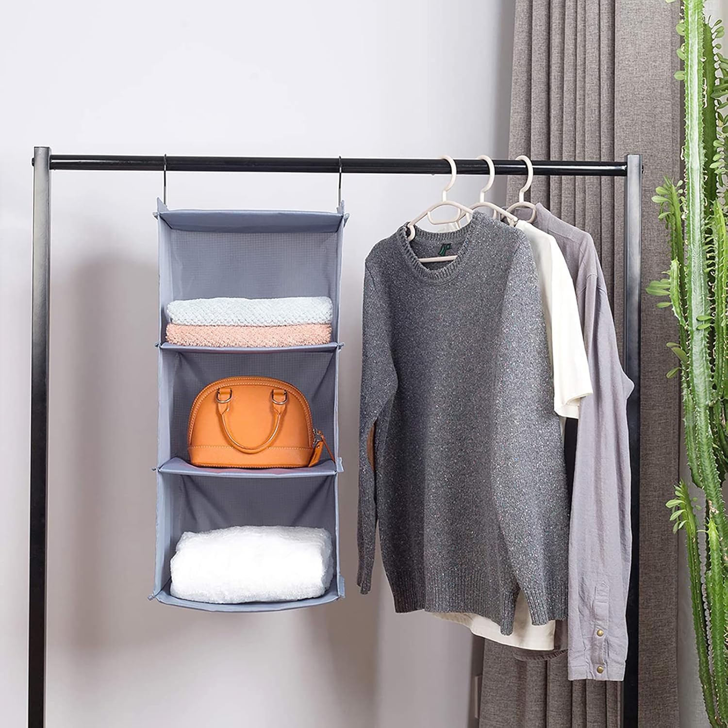 Hanging Closet Organizer and Storage 3-Shelf, Easy Mount Foldable Hanging Closet Wardrobe Storage