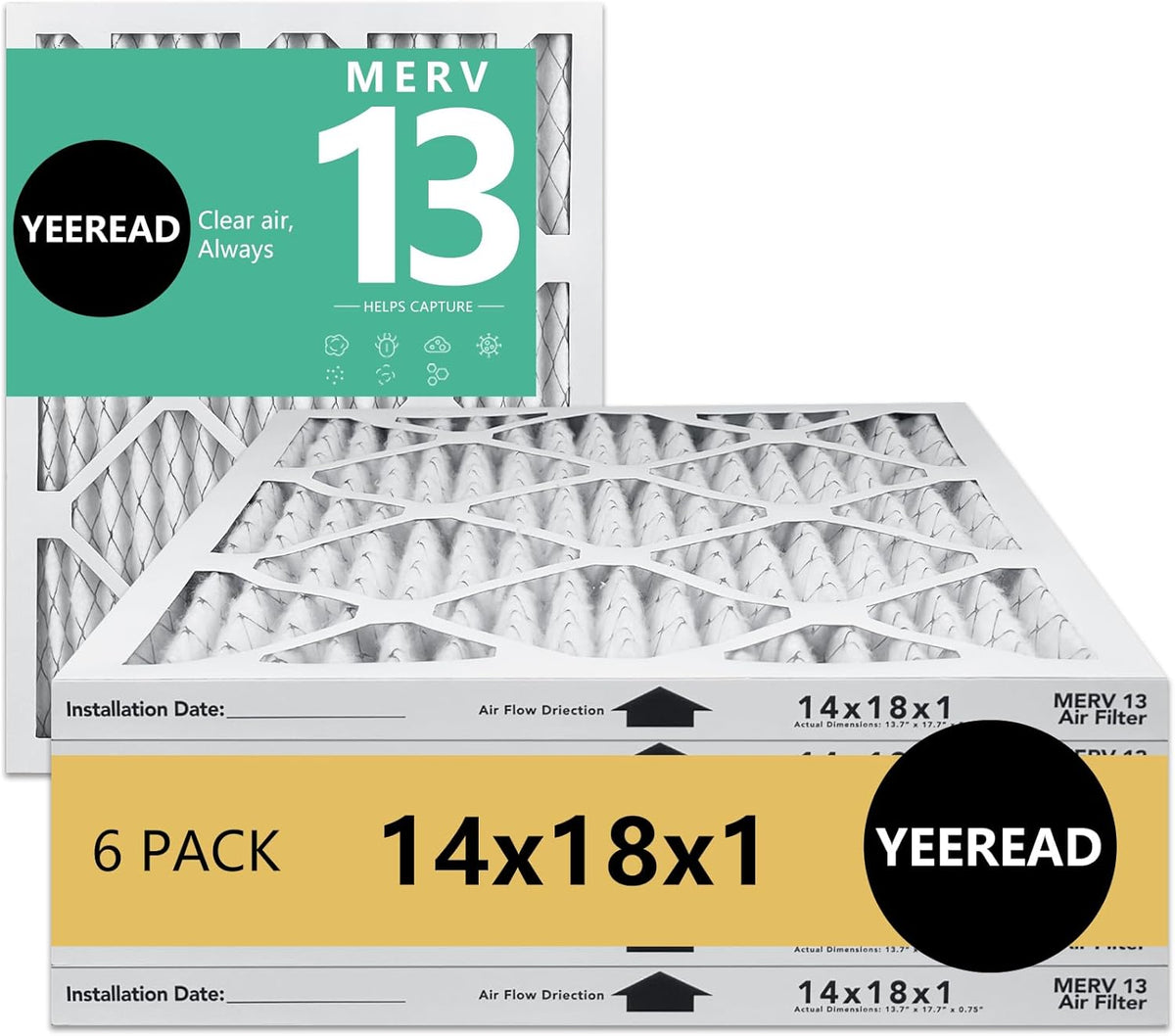14x18x1 MERV 13 Air Filters, 6-Pack, Actual Size: 13.7" x 17.7" x 0.75", Pleated Design with