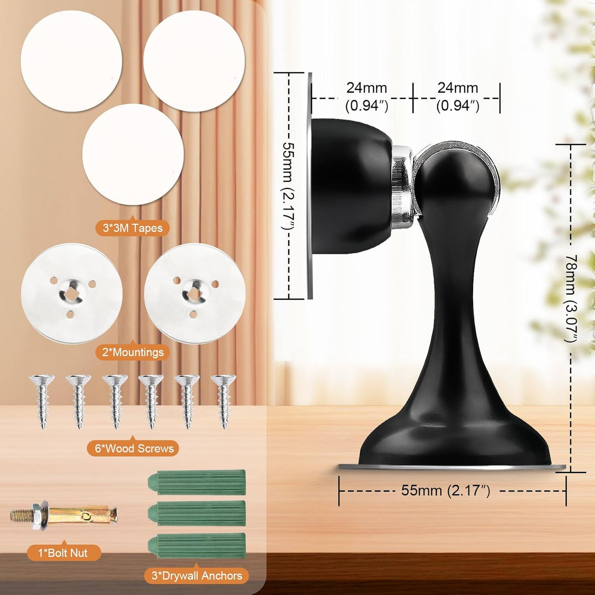 Probrico Black Magnetic Door Stoppers for Bottom of Door, Stainless Steel Magnet Door Catch Door