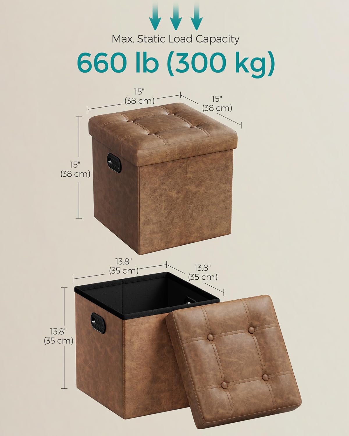 SONGMICS Mazie Collection - 15 Inches Ottoman with Storage, Footstool, Storage Ottoman with Metal