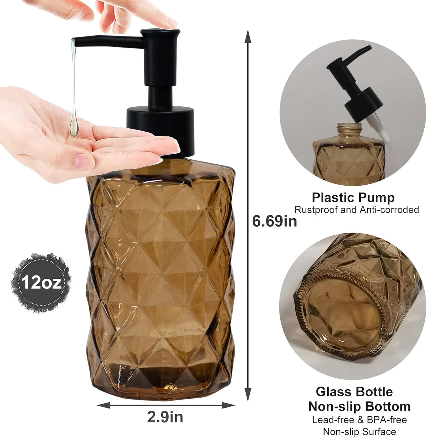 Brown Bathroom Soap Dispenser with Black Plastic Pump, 12oz Glass Lotion Dispenser, Crystal Hand
