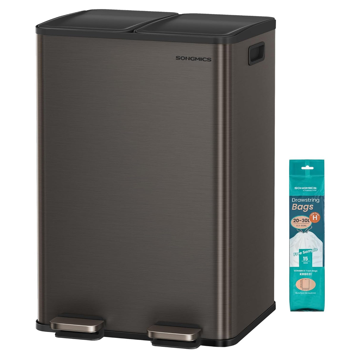 SONGMICS Trash Can, 2 x 8 Gallon (2 x 30 L) Dual-Compartment Garbage Can with Soft-Close Lid, Pedal