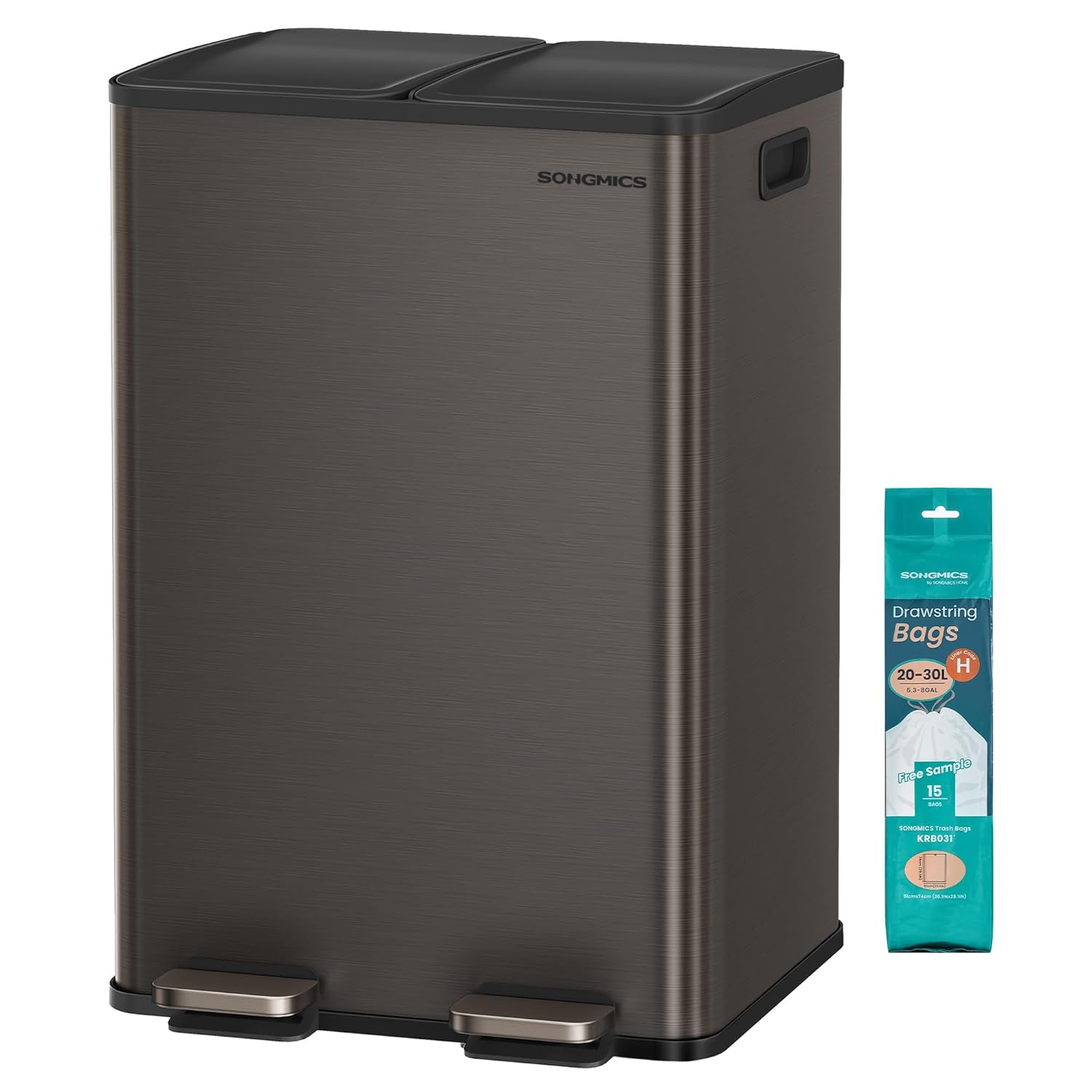 SONGMICS Trash Can, 2 x 8 Gallon (2 x 30 L) Dual-Compartment Garbage Can with Soft-Close Lid, Pedal