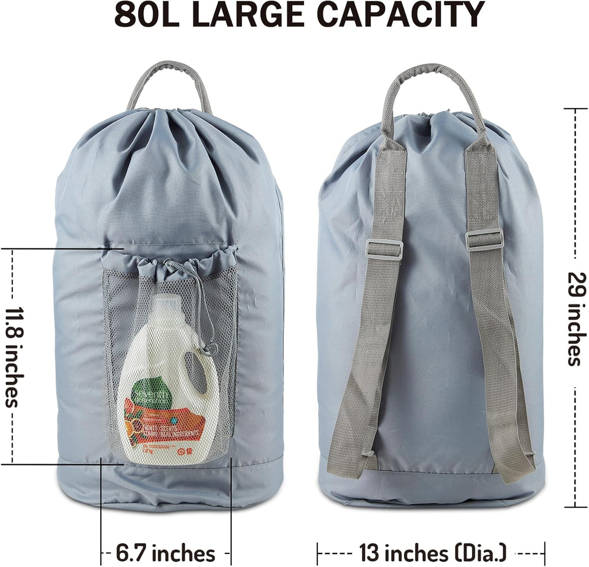 Backpack Laundry Bag, Large Laundry Backpack with Detergent Holder and Adjustable Shoulder Straps