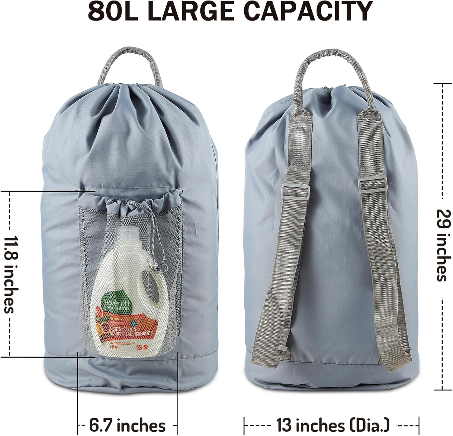 Backpack Laundry Bag, Large Laundry Backpack with Detergent Holder and Adjustable Shoulder Straps