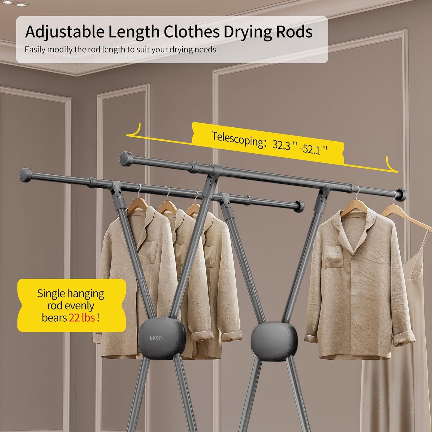 BIREN Clothes Drying Rack Heavy Duty Clothing Racks Extending Laundry Rack Two Drying Modes Garment