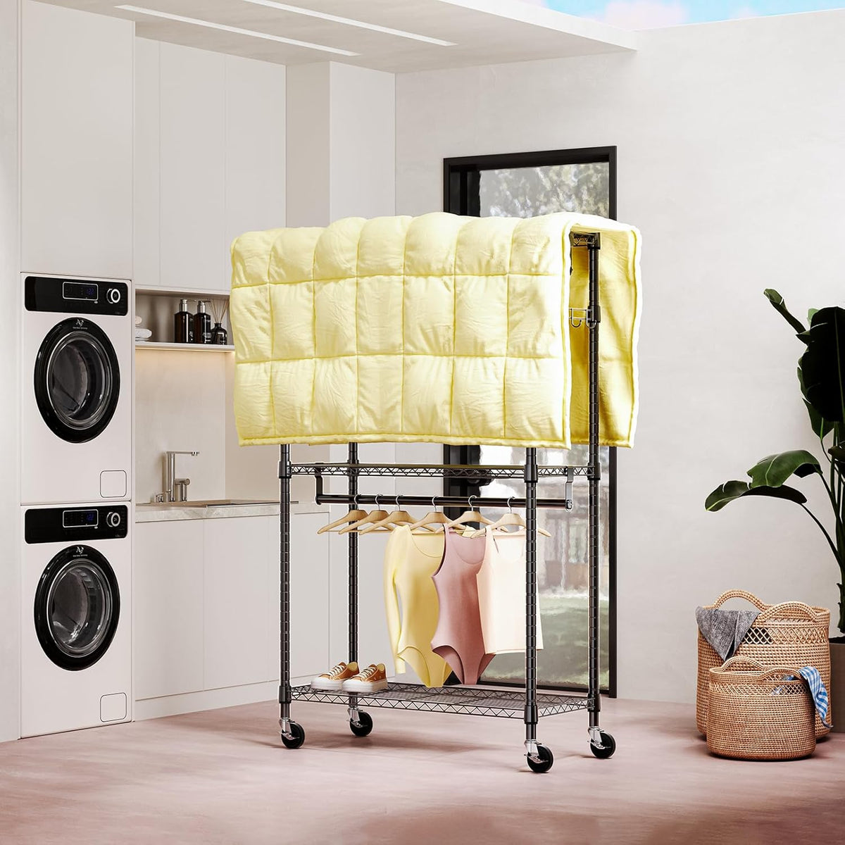 Heavy Duty Rolling Garment Rack 3 Tiers Adjustable Wire Shelving Clothes Rack with 2 Rods and Side