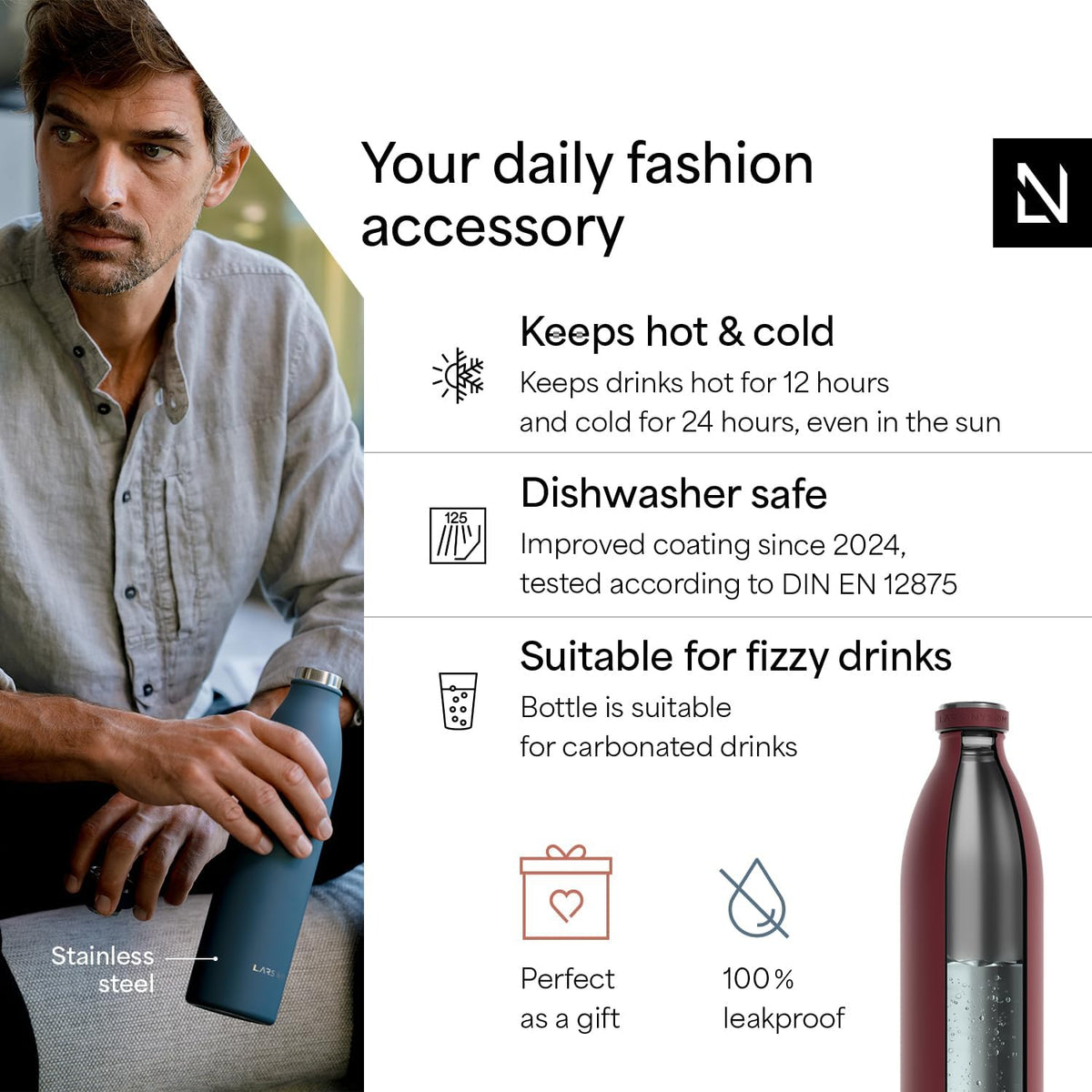 LARS NYSØM Stainless Steel Insulated XL Water Bottle 12oz 17oz 25oz 34oz 51oz | Insulated Thermo