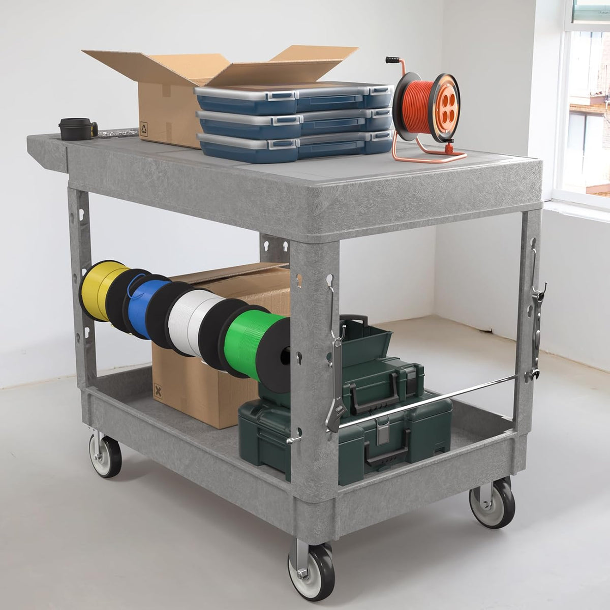 Large Garage Flat Top Utility Cart, Heavy Duty 2 Shelf Tool Cart Service Cart Rolling Push Carts