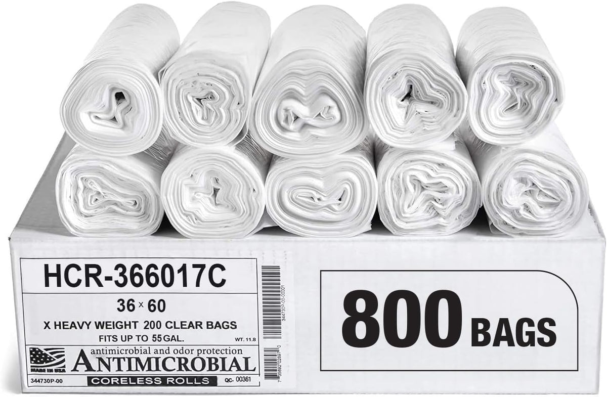 Aluf Plastics High Density Trash Bags, 55 Gallon, 800 Count, 17 Micron (eq), 36" x 60", Clear, for