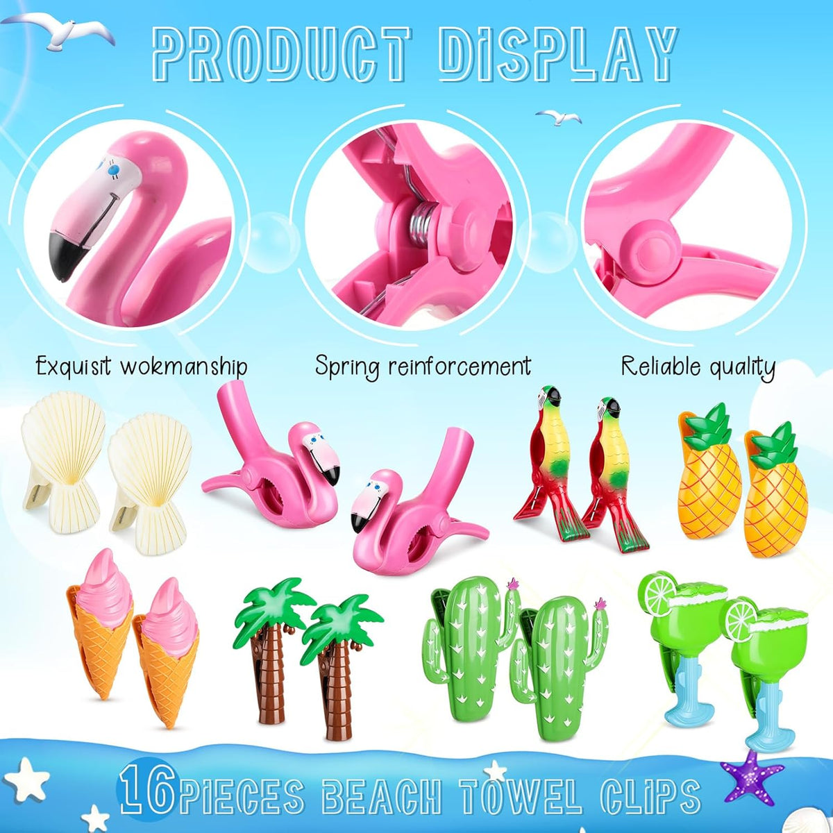 Rtteri 16 Pcs Beach Towel Clips for Beach Chairs Cute Towel Holder Cruise Clothes Pins for Lounge