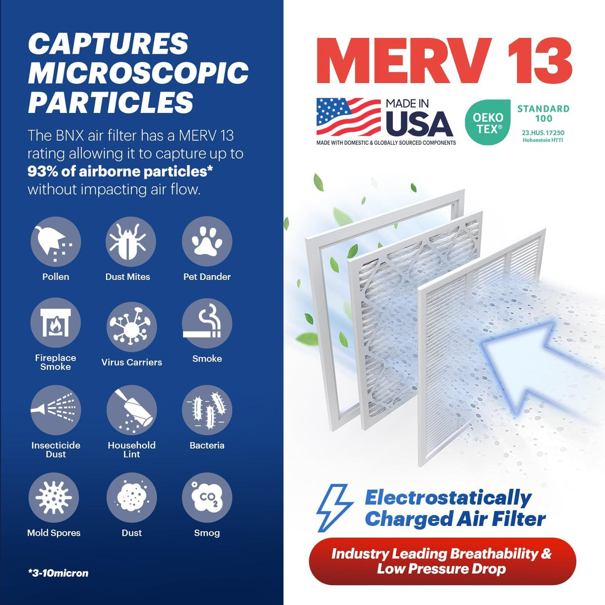 BNX TruFilter 16x25x2 Air Filter MERV 13 (4-Pack) - MADE IN USA - Electrostatic Pleated Air