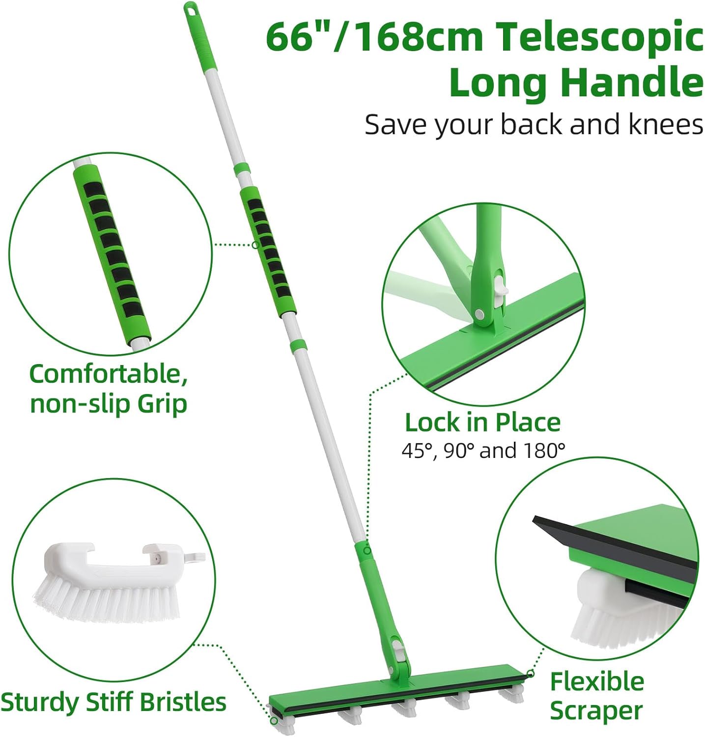 Grout Cleaner Brush with 66'' Long Handle Stiff Bristle Multi-Line Cleaner Adjustable Heads Grout