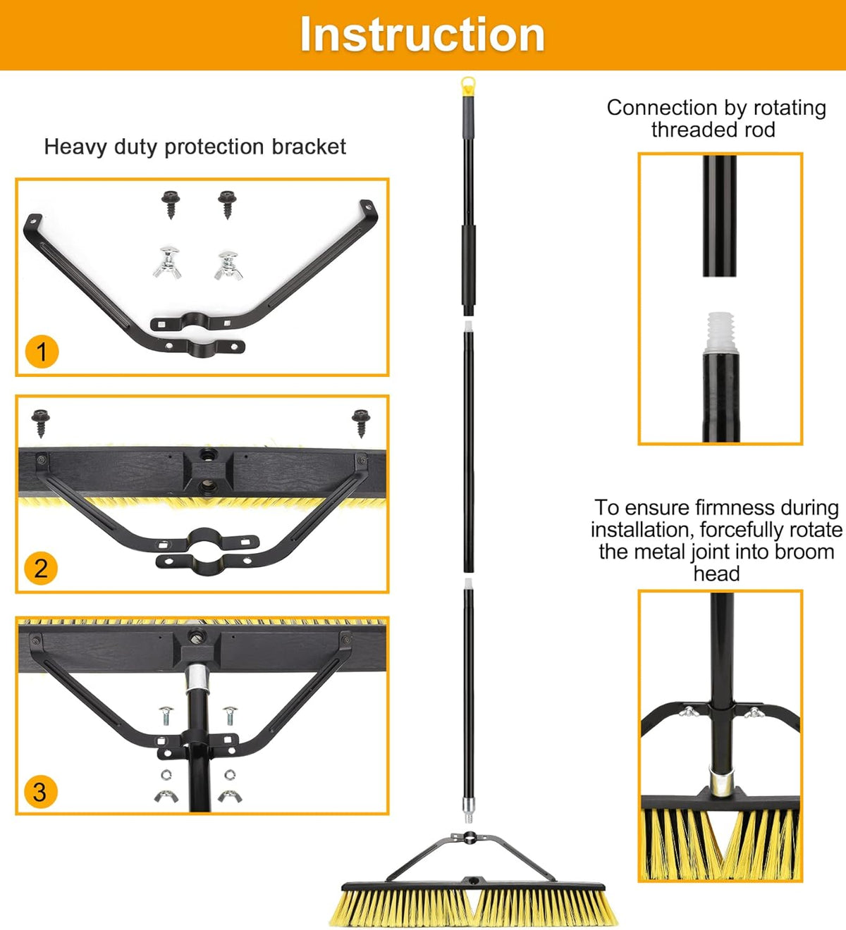 24 Inches Push Broom Outdoor Heavy Duty Broom with 63" Long Handle for Deck Driveway Garage Yard