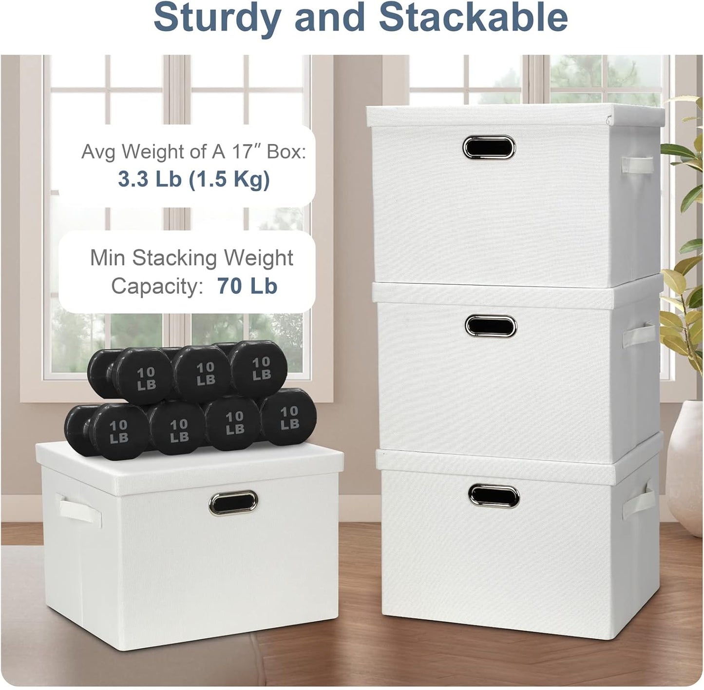 Large 17" 36 Quart Collapsible Stackable Storage Bins with Lids, 1 Pack White Foldable Fabric