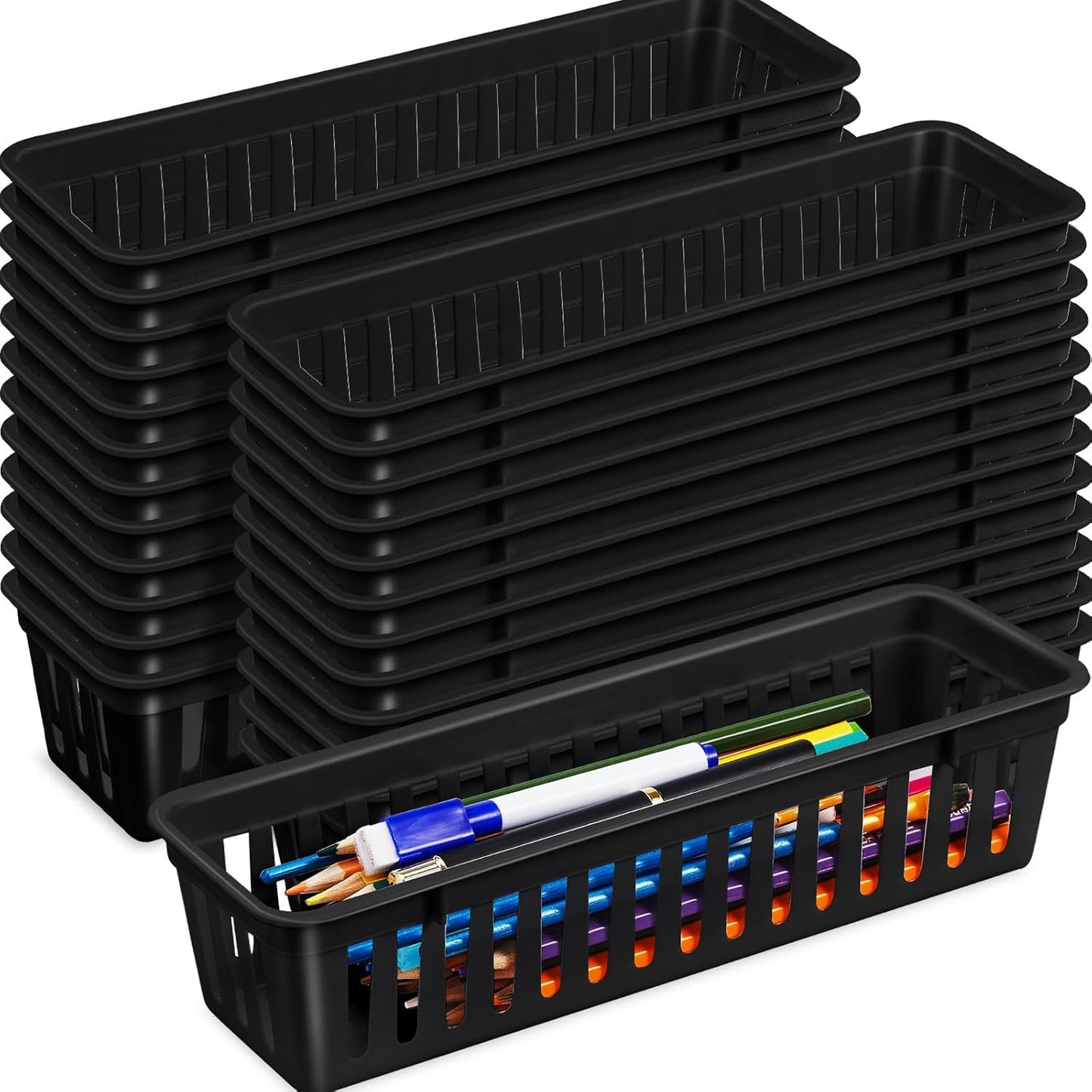 Domensi 24 Pcs Slim Plastic Storage Baskets Tray for Organizing 10.25 x 3.25 x 2.5 Inch Small
