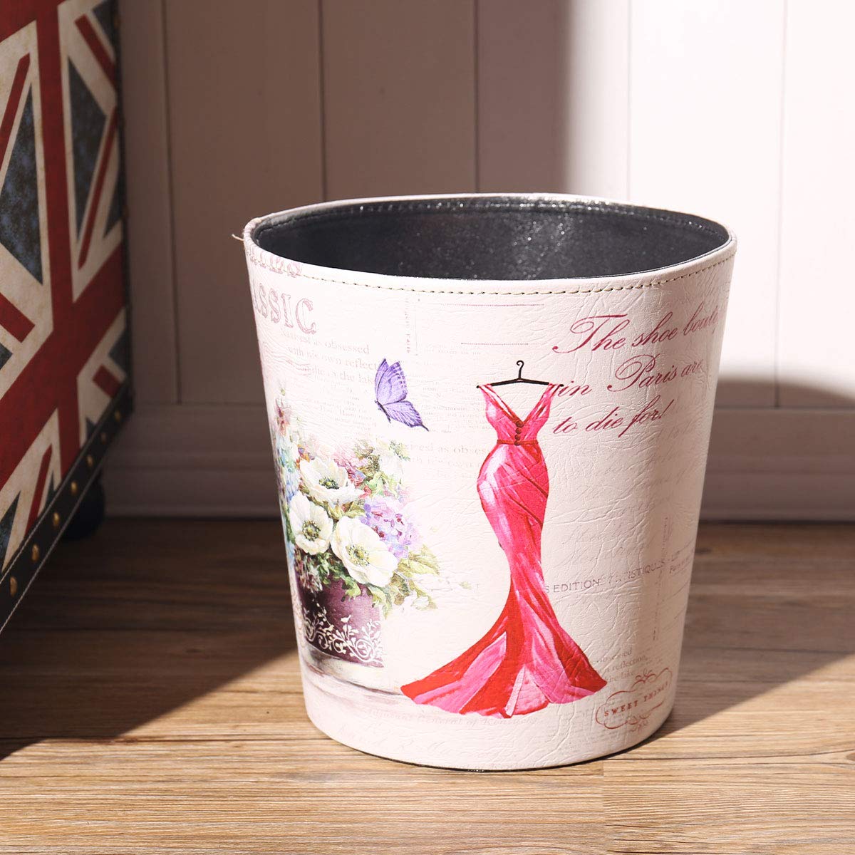 PU Leather Small Trash Can Wastebasket, Round Garbage Container Basket for Bathrooms, Laundry Room
