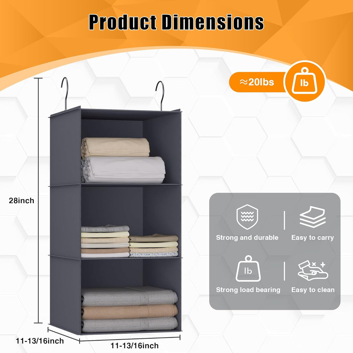 Hanging Closet Organizer and Storage 3-Shelf, Easy Mount Foldable Hanging Closet Wardrobe Storage