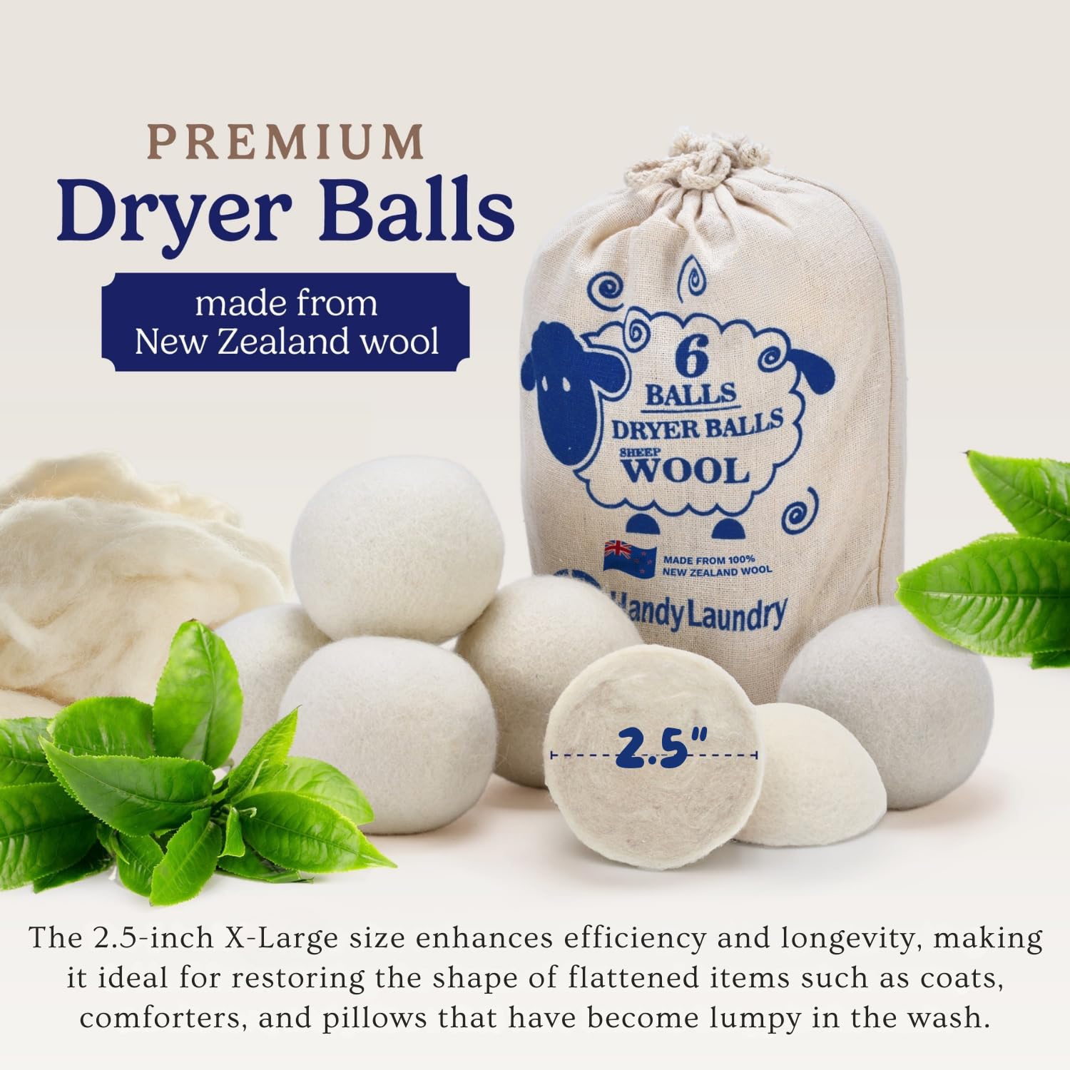Handy Laundry Wool Dryer Balls - 2.5 Inch - Natural Fabric Softener, Reusable, Reduces Clothing