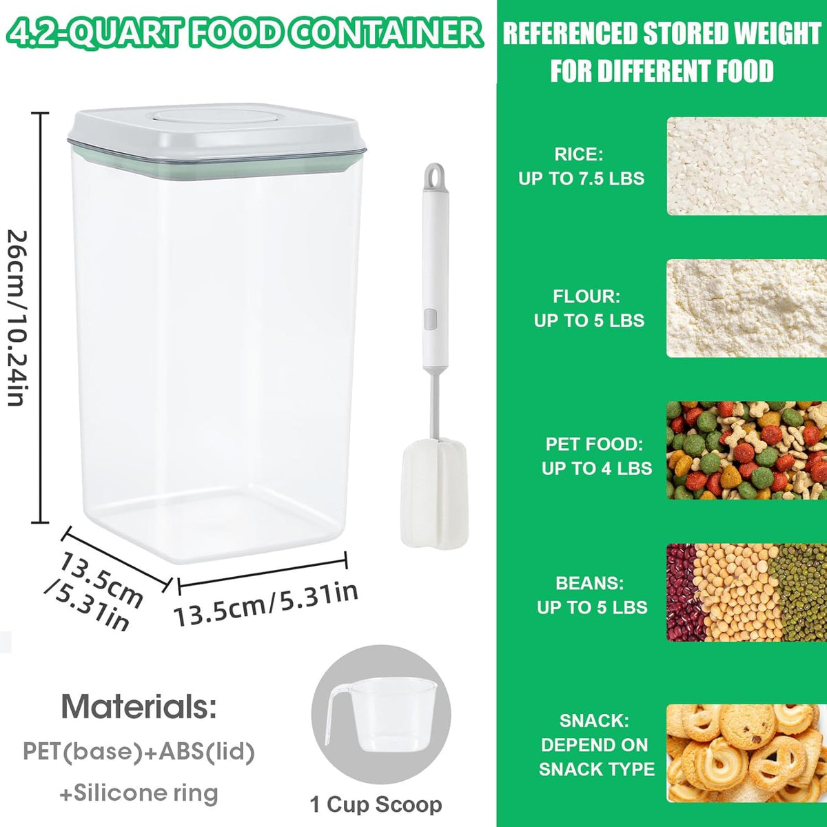 Airtight Flour Rice Storage Container with Pop-up Lid - 4.2 Qt Crystal-Clear Plastic Spaghetti