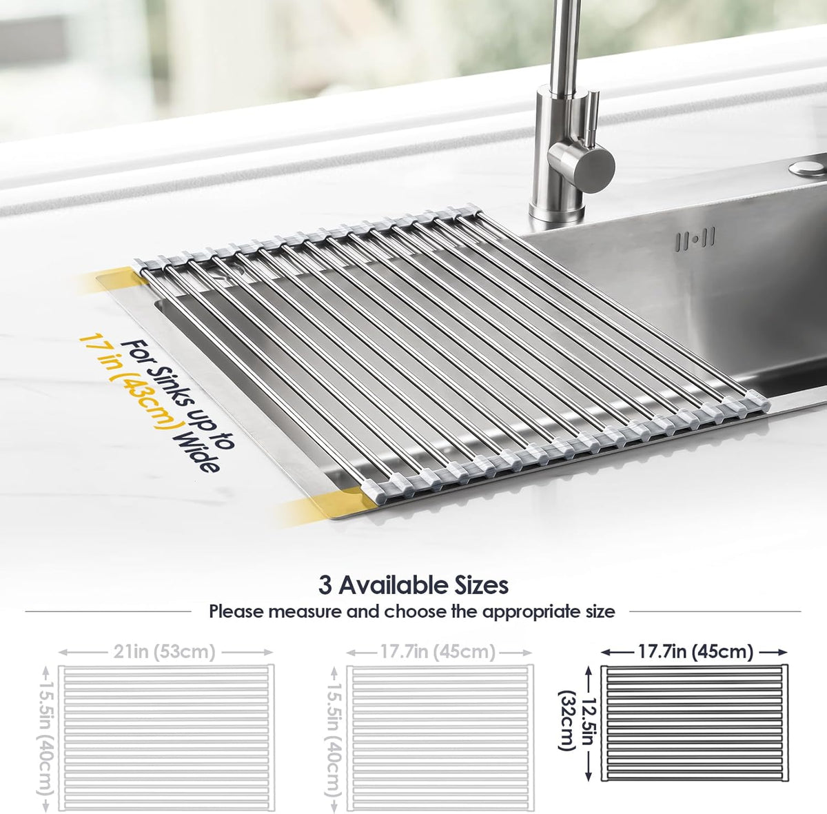 Tomorotec Stainless Steel Roll-Up Dish Drying Rack Marble Color Silicone Edges, Foldable Kitchen
