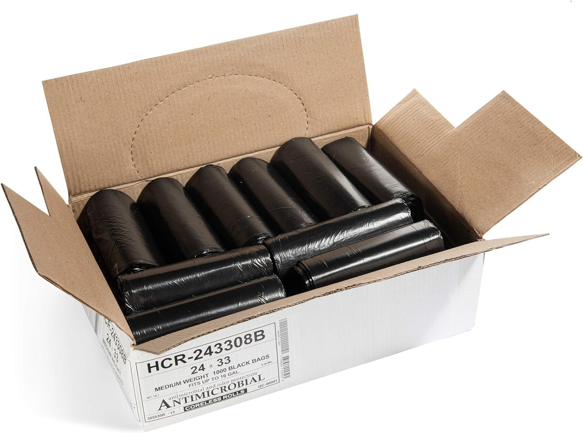 Aluf Plastics High Density Trash Bags, 16 Gallon, 1000 Count, 8 Micron (eq), 24" x 33", Black, for