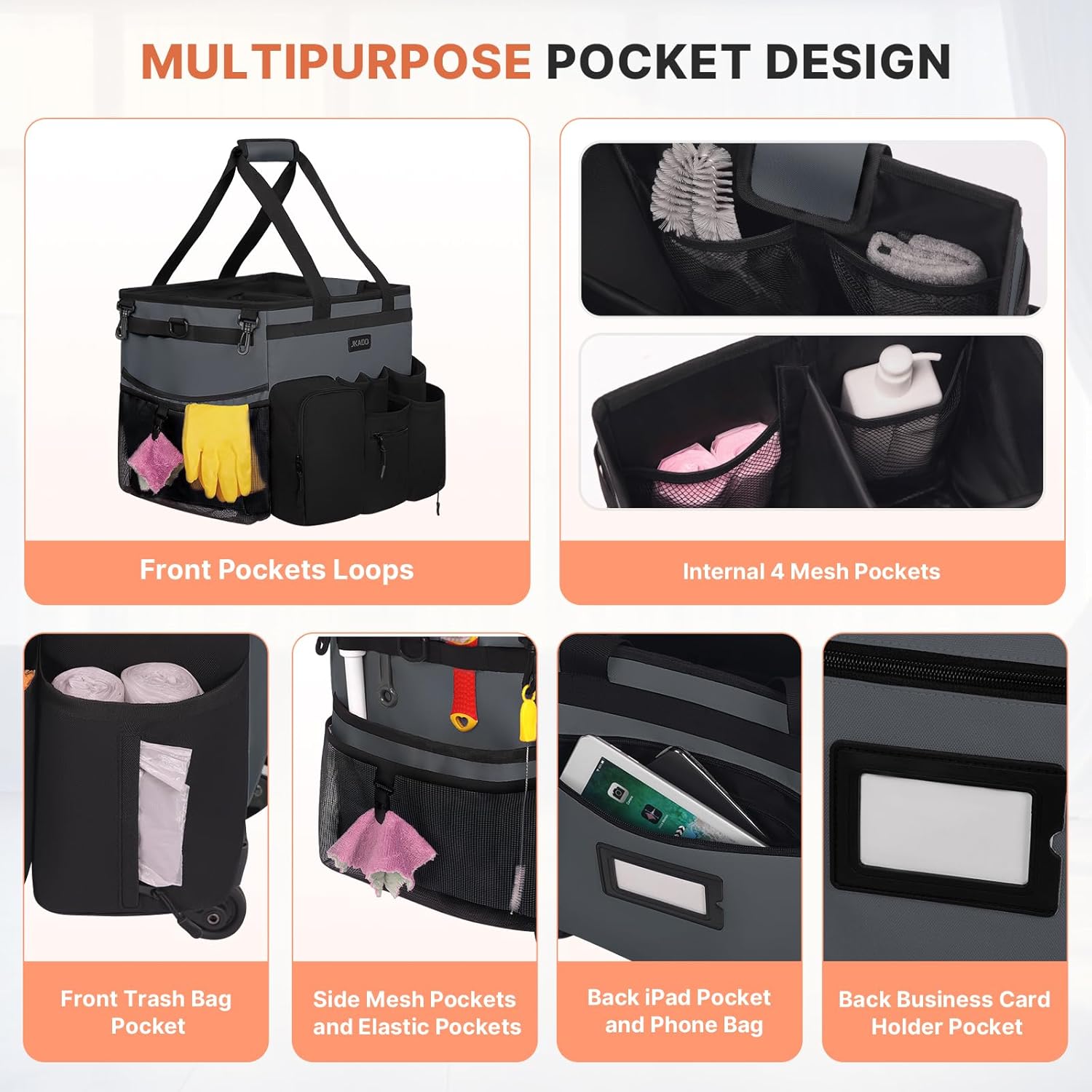 Large Rolling Cleaning Caddy Bag with Detachable Trolley, Waterproof Cleaning Caddy on Wheels for