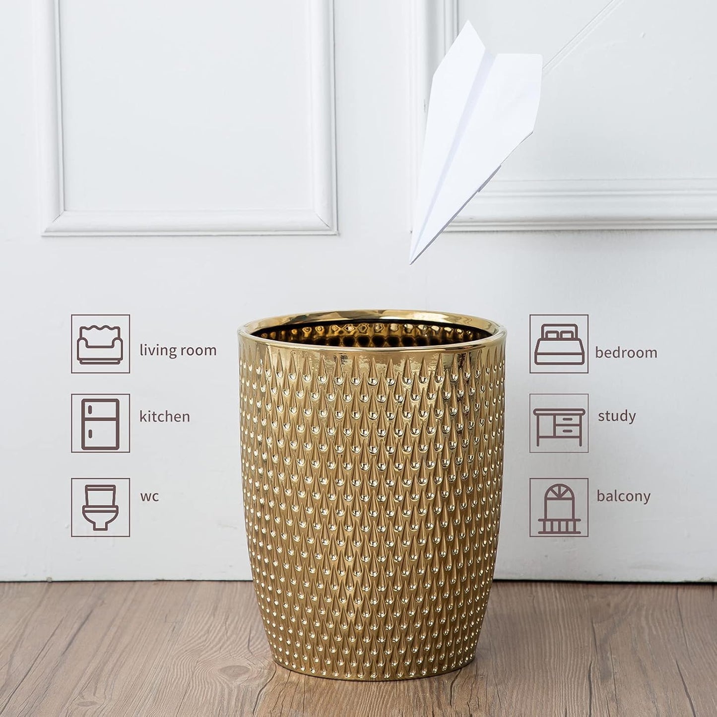 Modern Golden Small Trash Can Wastebasket, Garbage Container Bin for Bathrooms, Powder Rooms