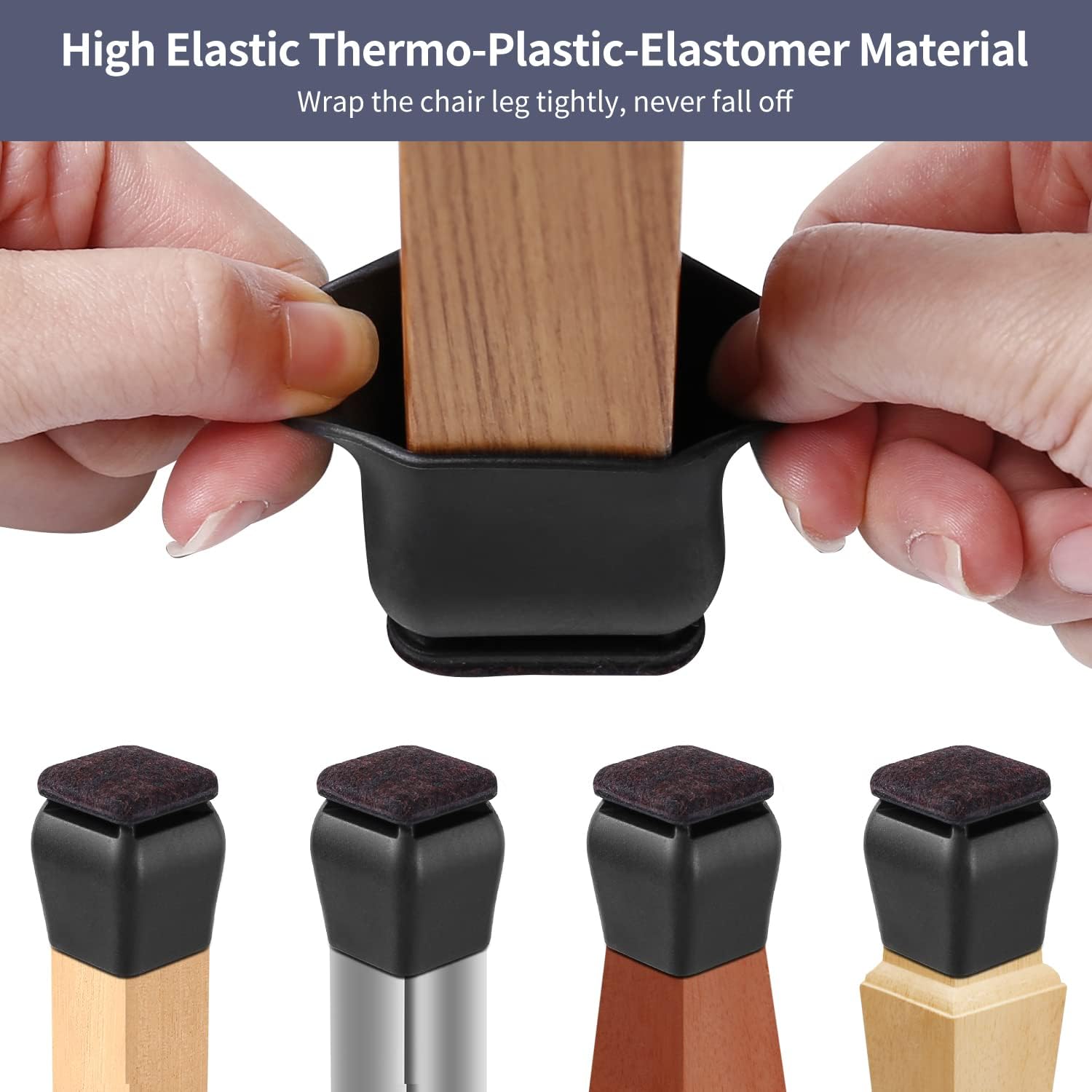 Ezprotekt 24 Pcs Square Silicone Chair Leg Floor Protectors for Wood Floors, Black Felt Furniture