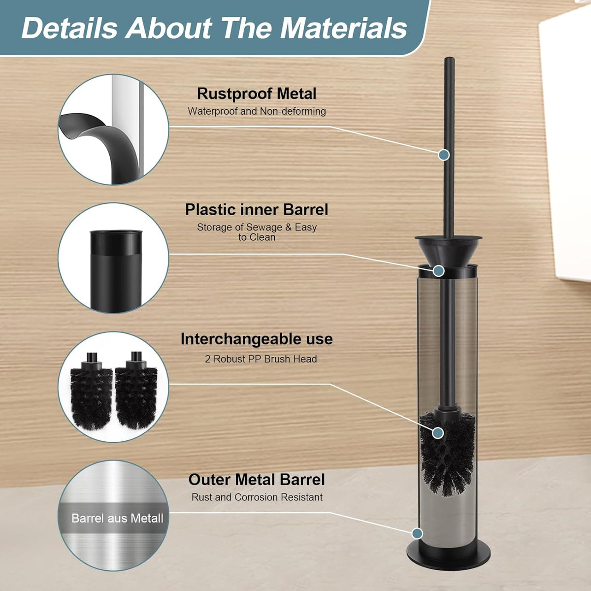 BGL Toilet Brush and Holder Set, Heavy Duty 304 Stainless Steel, Round Base and Long Handle for