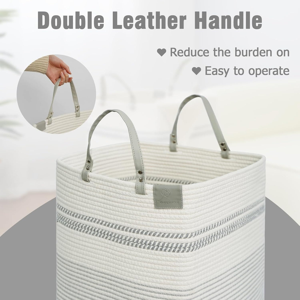 danpinera 100L Nursery Hamper, Tall Woven Laundry Basket with Long Leather Handles, Boho Laundry