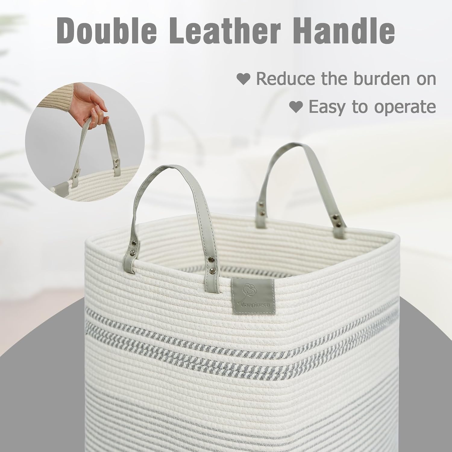 danpinera 100L Nursery Hamper, Tall Woven Laundry Basket with Long Leather Handles, Boho Laundry
