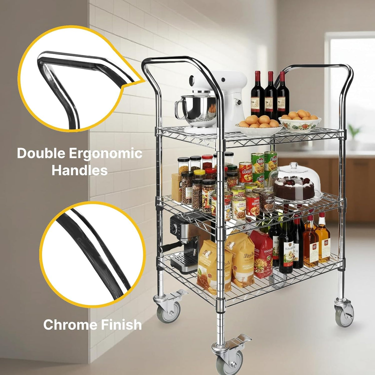 Northsky 3-Shelf Wire Utility Cart on Wheels, Chrome Finish Rolling Metal Shelving with Wheels