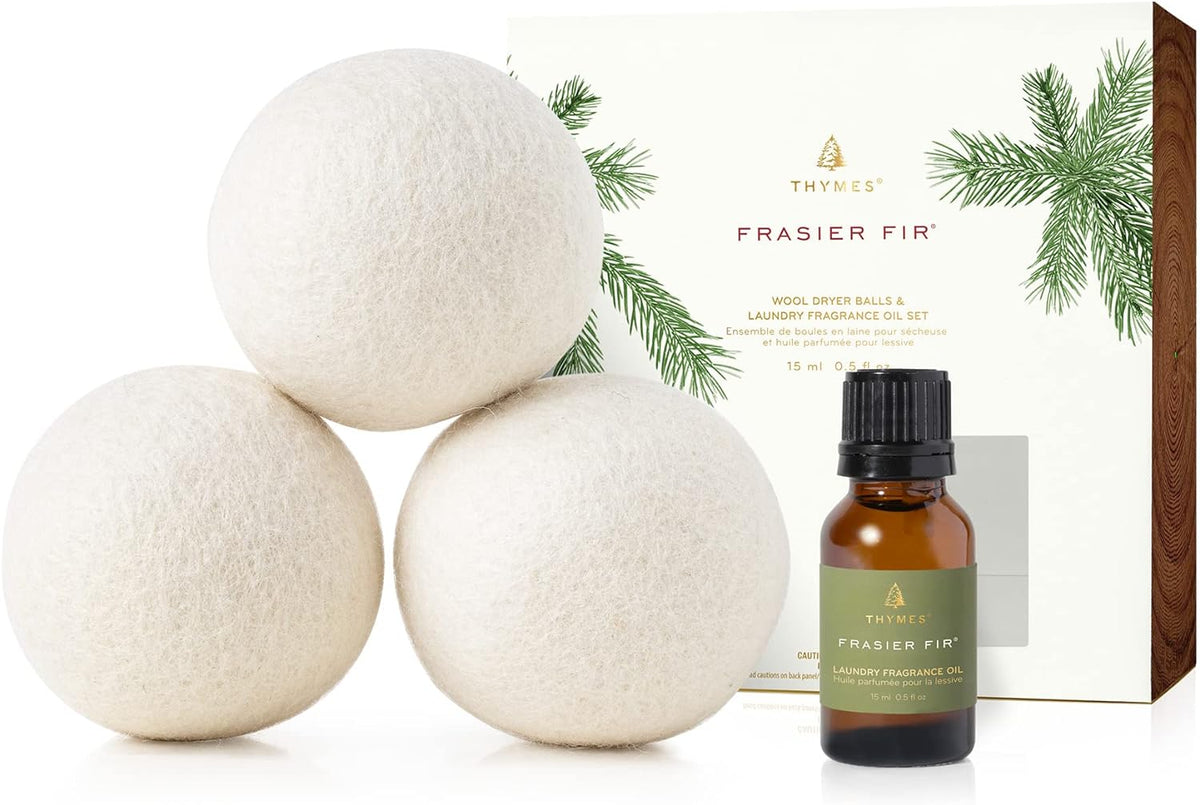 Thymes Wool Dryer Balls Set – Includes 3 Wool Laundry Balls + 1 Scented Laundry Fragrance Oil for