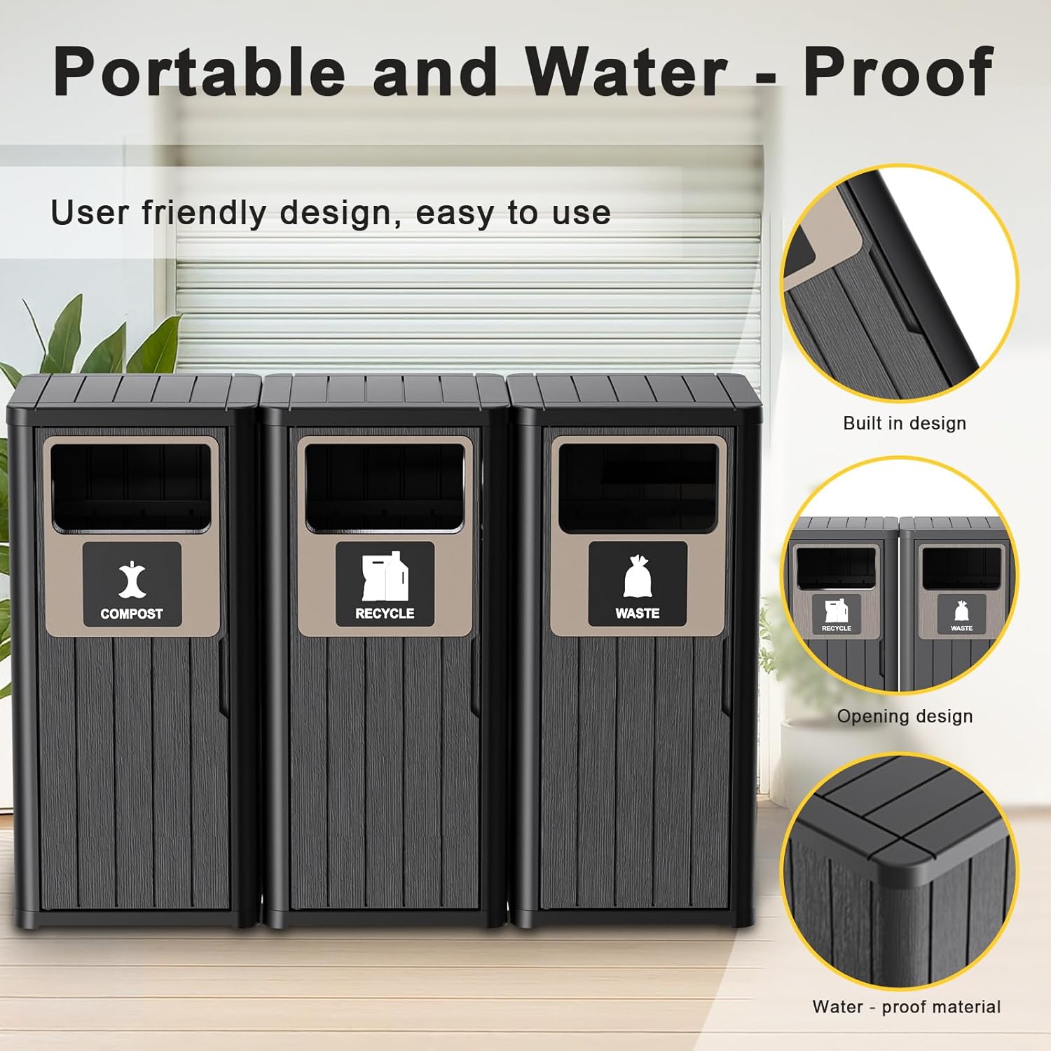 Outdoor Three Barrel Trash Can,Waterproof Resin Garbage Can with Garbage Labels,Durable Waste Bin
