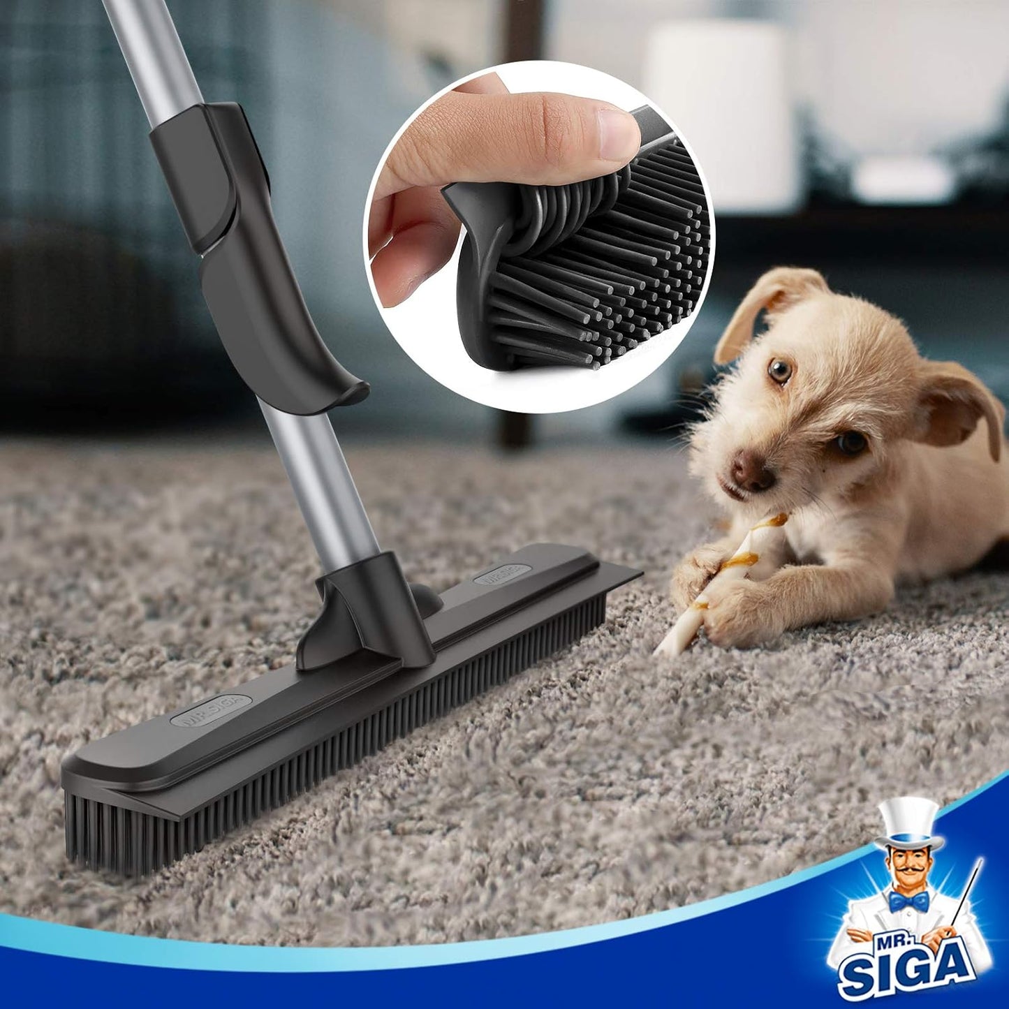 MR.SIGA Pet Hair Removal Rubber Broom with Built in Squeegee, 3 in 1 Floor Brush for Carpet, 61
