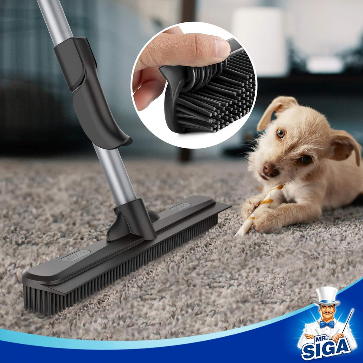 MR.SIGA Pet Hair Removal Rubber Broom with Built in Squeegee, 3 in 1 Floor Brush for Carpet, 61